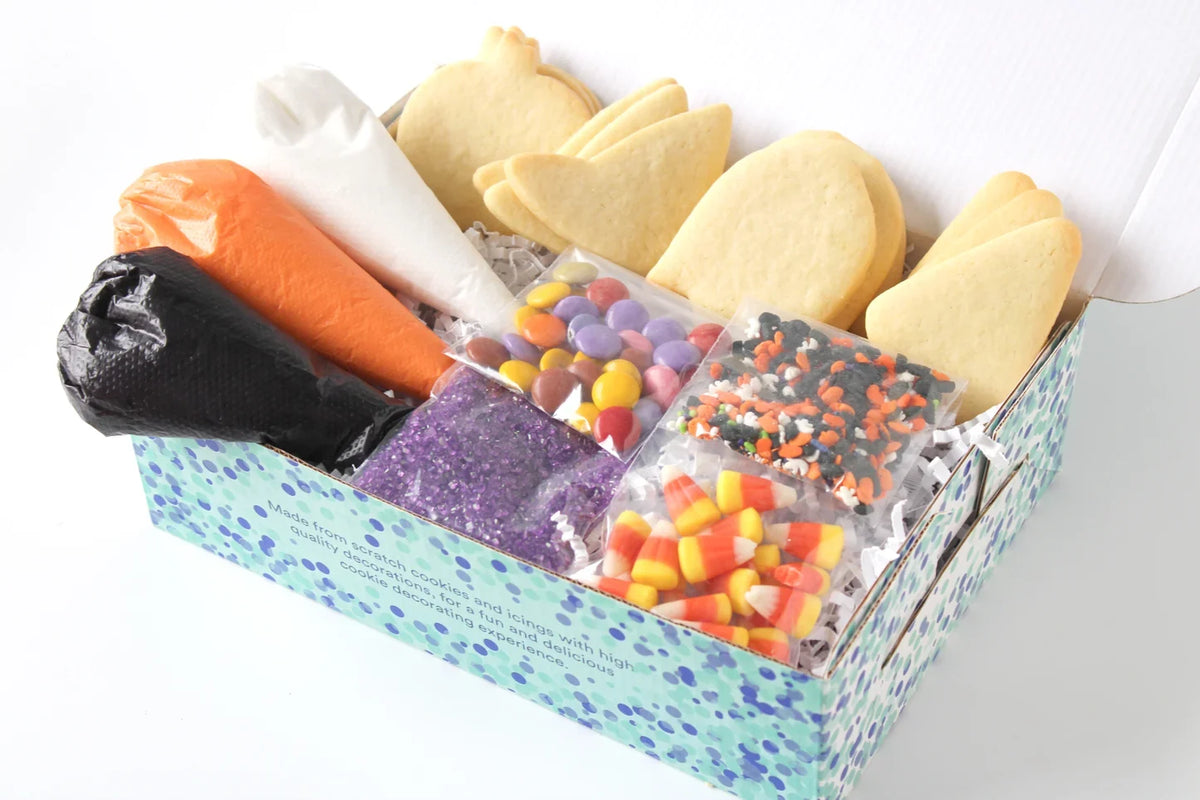 Halloween cookie decorating kit with cookies, icing, sprinkles and candy
