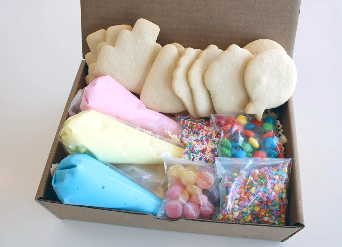 Birthday sugar cookie decorating kit with cookies, icing and colourful decorations